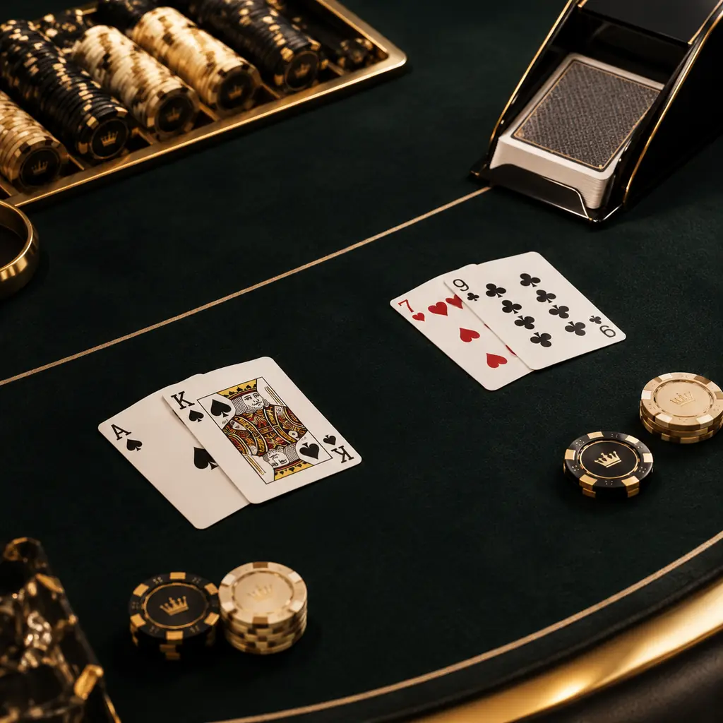 Sepatu kartu dan kartu terbuka di meja baccarat