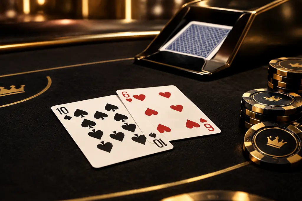 Ilustrasi kartu sepuluh dan enam di meja blackjack dengan sepatu kartu di belakang