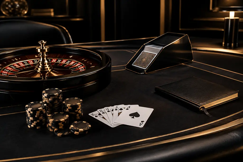 Meja kasino berisi kartu, roda roulette kecil, dan buku catatan