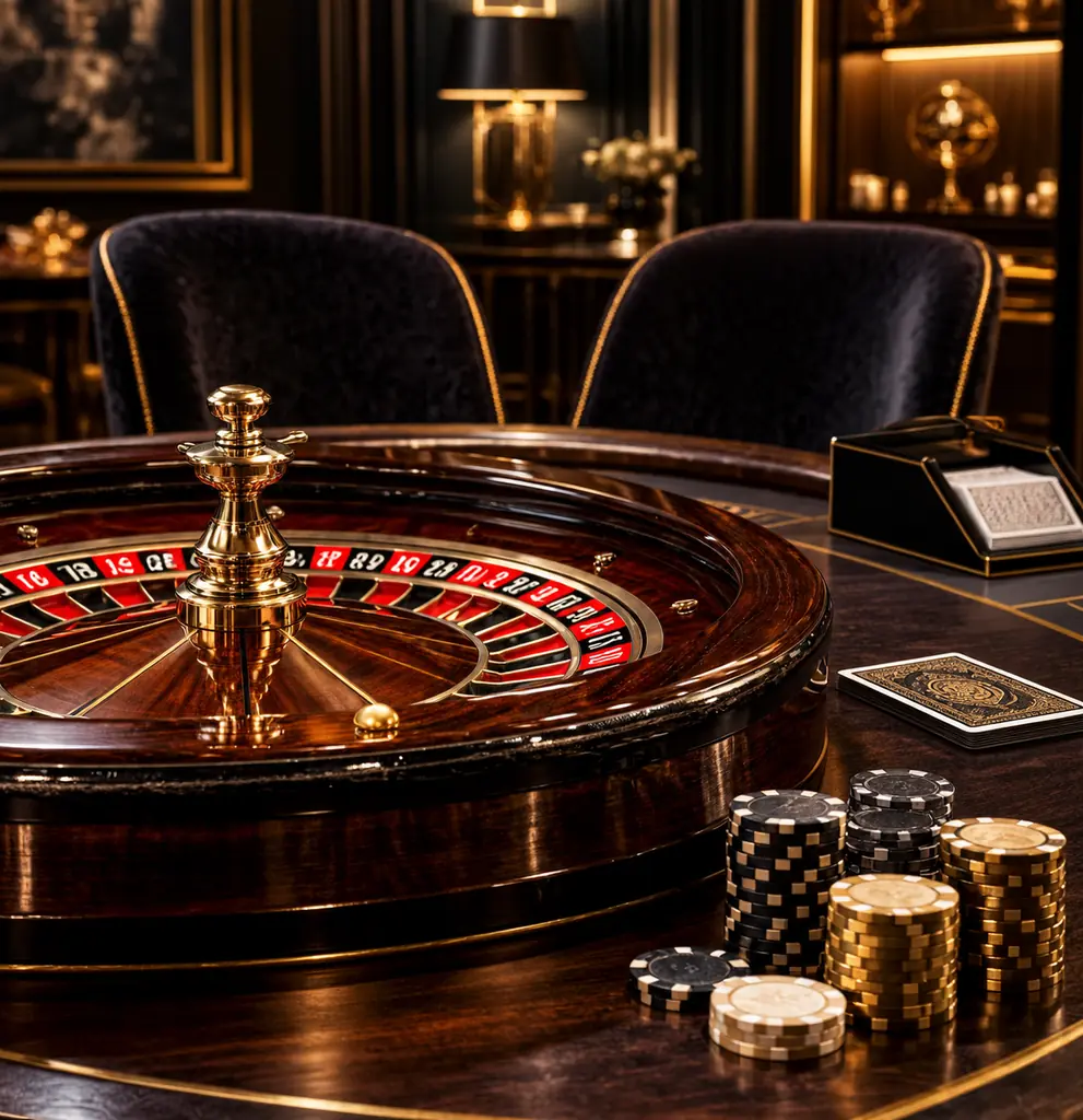 Sudut meja roulette kasino dengan kursi kosong dan cahaya emas