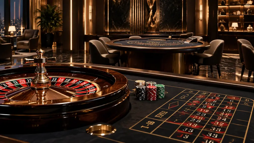 Ilustrasi suasana kasino dengan meja roulette dan kartu dalam warna hitam serta emas