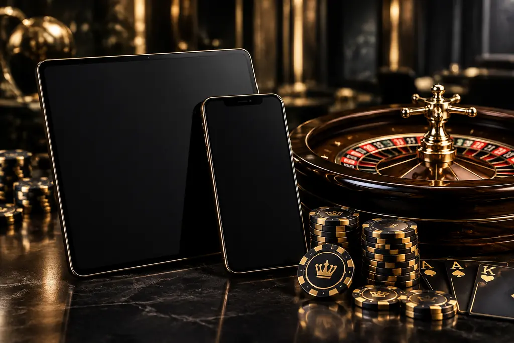 Ponsel dan tablet di samping roulette serta cip kasino